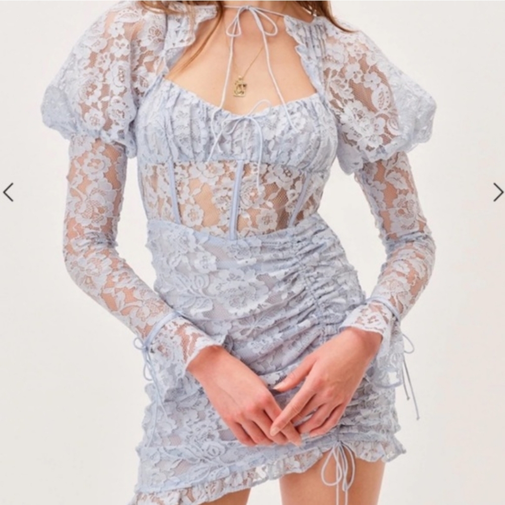 For Love & Lemons Pale Blue Lace Ruched Mini Dress